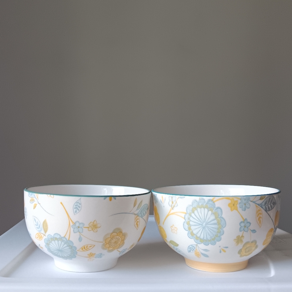 Dachu Set of 2 Small Ceramic Bowls 5" W 3" H Floral White Blue Yellow Green